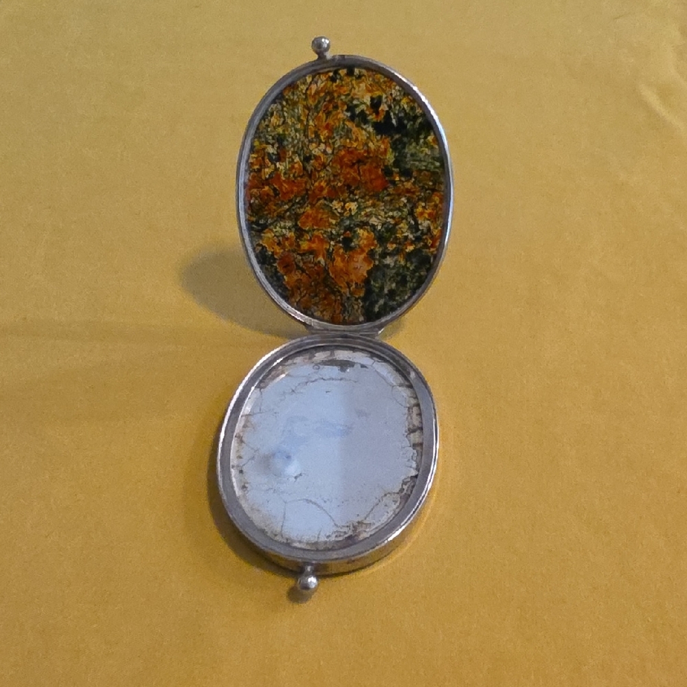 Rare Antique Victorian Moss Agate and Metal Compact Mirror In Metal Frame